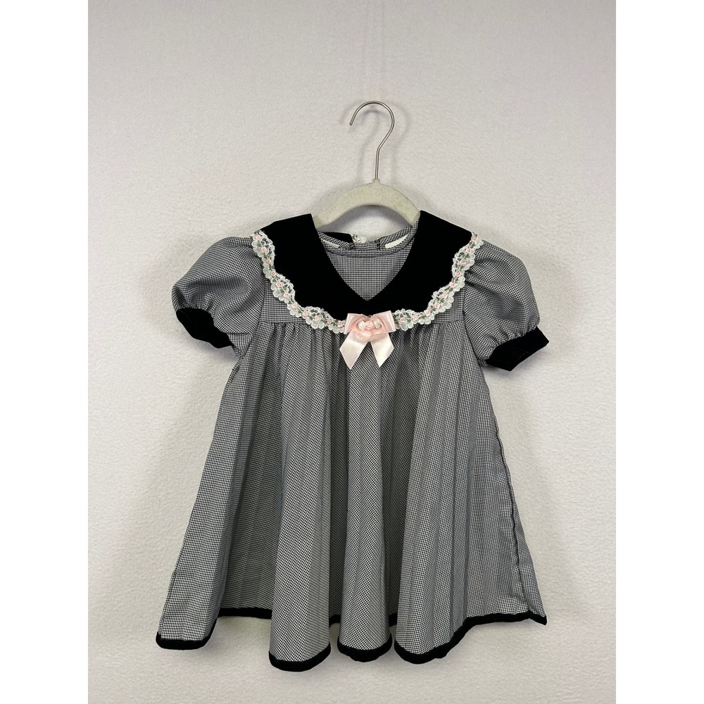 Vintage Aesthetic Rose Cottage Girls 2T Black Houndstooth Velvet Lace Bow Dress
